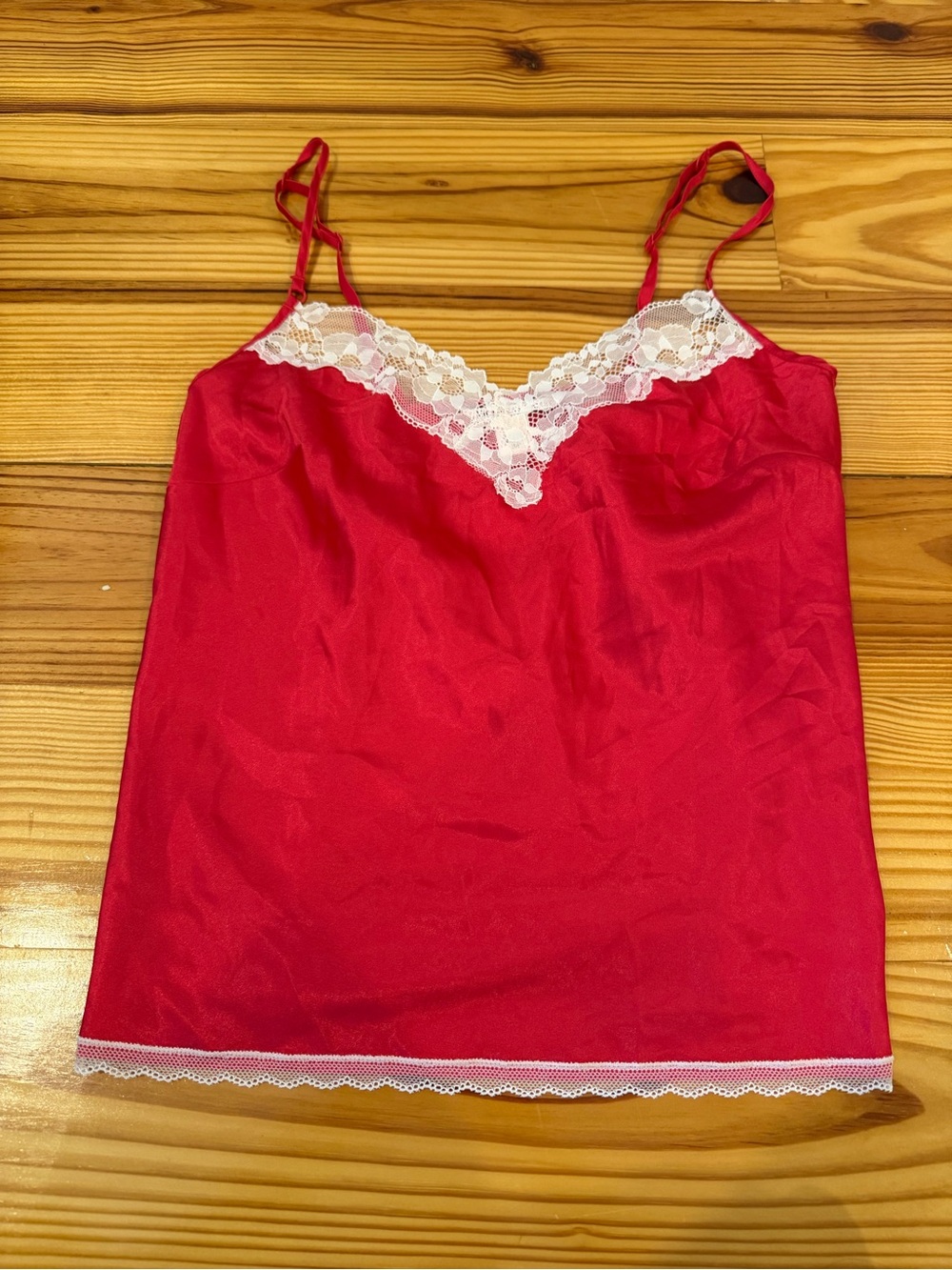 Victoria's Secret Red Satin Camisole with White Lace Trim